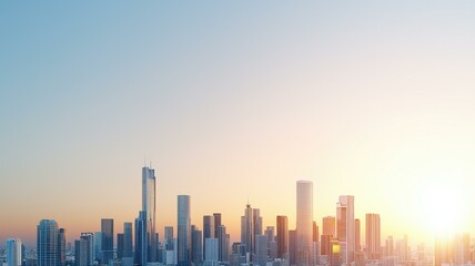 Fototapeta premium Panoramic view of a modern city skyline at sunrise with clear blue skies and bright sunlight.