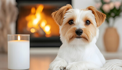Cozy dog by fireplace