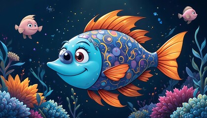 Cartoon Fish Swimming in Ocean with Other Fish and Coral