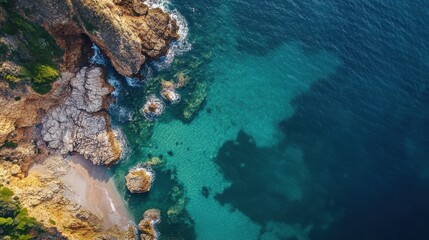 Fototapeta premium Aerial View of a Rocky Coastline with Turquoise Waters