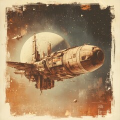 Obraz premium A large detailed spaceship flies through outer space towards planets