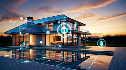 Luxury smart home with glowing digital interface and futuristic automation system at sunset

