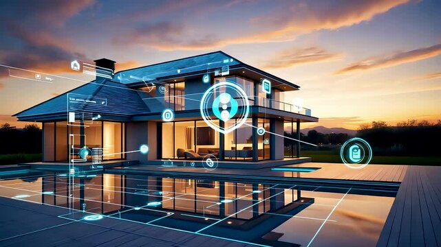 Luxury smart home with glowing digital interface and futuristic automation system at sunset


