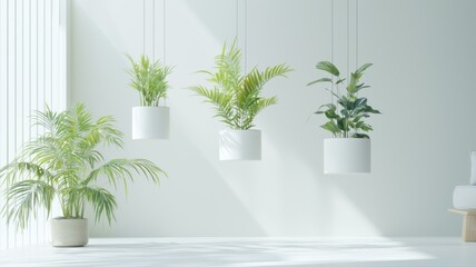 Fototapeta premium Serene indoor space with hanging and potted green plants in white pots, bright natural light, minimalistic decor.