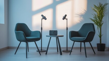 Two modern chairs facing each other with a small table in between, holding two microphones and a compact speaker, set in a bright minimalist studio
