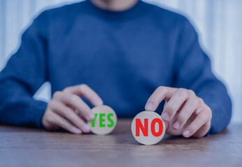 Yes or No decision idea. Checklist option communication, A man showing  message yes noin icon on...