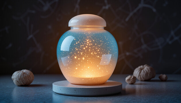 Translucent pet urn glowing softly, crafted from stardust-infused crystal, memorial design - Powered by Adobe
