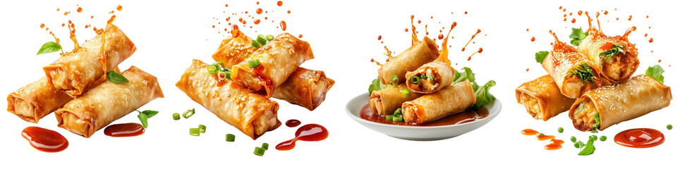 Spring rolls splashing, tomato ketchup, isolate on white background. set cutout png.