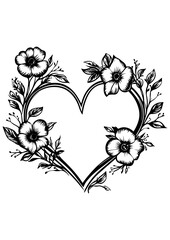 Floral frame heart shape vector illustration, black and white line art, gift ideas, engrave laser, tattoo idea, logo design, vector sketch, flowers and heart design 