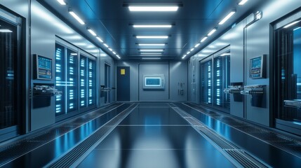 Fototapeta premium Inside a modern microchip production facility, automated storage and retrieval systems operate seamlessly, enabling efficient manufacturing processes in a high-tech environment