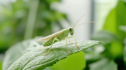 Fototapeta premium Close-up of a green grasshopper on a leaf, showcasing detailed textures and vibrant natural colors.