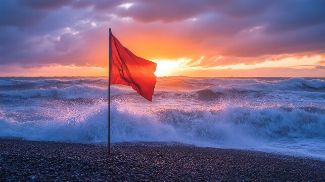 A bright red beach warning flag planted in front of crashing waves as the sun sets