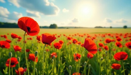 Crimson poppies sway gently in a vast field under a summer sun , poppy field, sun, serene