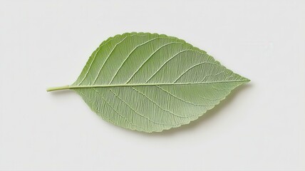 Obraz premium Close-up of a single green leaf on a plain white background, showcasing its delicate texture and intricate veins.