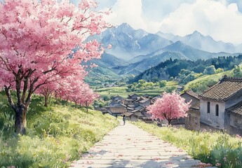 Cherry Blossom Spring Landscape with Rural Pathway and Traditional Houses