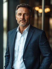 Confident businessman in suit stands indoors