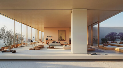 Modern minimalist penthouse living space with expansive views