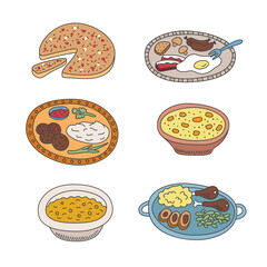 Set of vector pied doodle food icons in flat style
