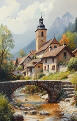 Obraz premium Watercolor Scene of Serene Village with Church Tower Cottages Stone Bridge and Scenic Hillside