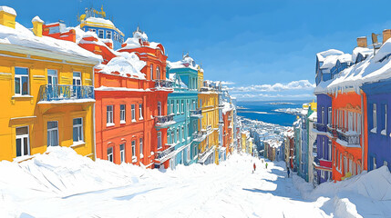 Naklejka premium Colorful snowy hilltop houses