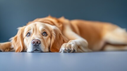 Golden retriever resting on floor with curious expression against blue background