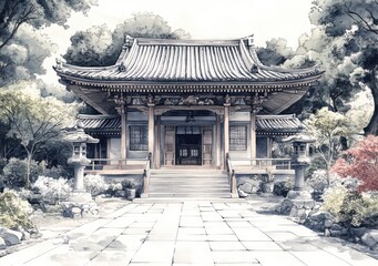 Fototapeta premium Jizo and Bus Stop in Serene Japanese Countryside