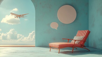 Summer Vacation Sale Banner with Deck Chair, Beach Umbrella and Airplane Icon for Travel Promotion