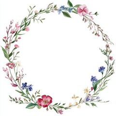 Summer herbs and meadow flowers are beautifully arranged in a wreath border frame in this watercolor hand painting on a white background