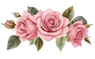 Naklejka premium Vintage watercolor flowers in soft pastel hues, such as a tiny pink rose, are beautifully illustrated on a white background with accompanying leaves and buds, creating a charming design for wedding