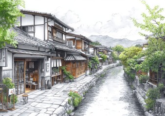 Tranquil Japanese Countryside Village with Stream and Traditional Houses