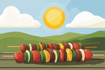 Colorful Vegetable Skewers Ready for Grilling Under Bright Sunlight