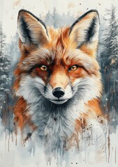 Obraz premium Watercolor Painting of a Fluffy Red Fox on a Gray Blue Background in a Frosty Winter Scene