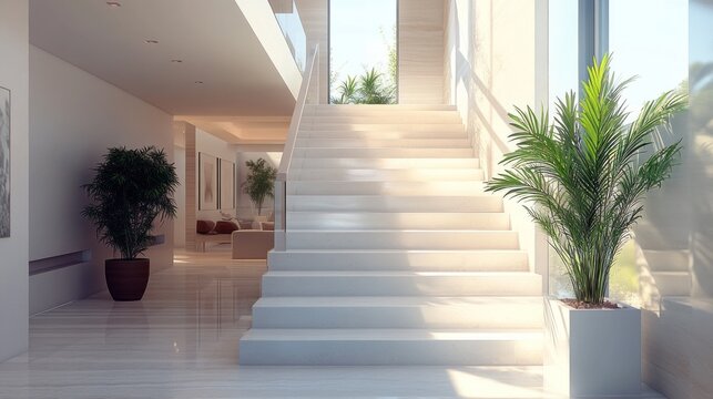 A modern staircase with sleek railings and a clean design is illuminated by natural light, creating a serene ambiance. Lush greenery complements the bright, neutral tones of the interior