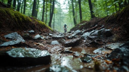Mountain biking trail with rocks on a wet and slippery forest path