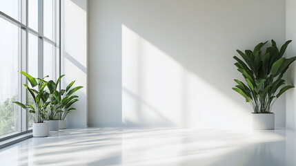 Empty white office wall Mockup. Blank modern bright interior softly lighted by a large window. Generative ai
