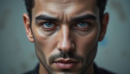 Fototapeta premium Man Staring Intensely with Blue Eyes and Serious Expression Closeup