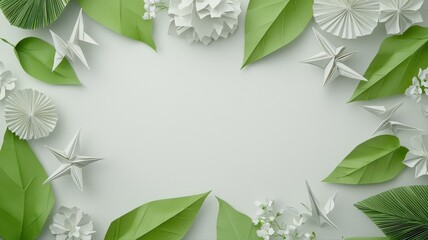 Elegant paper leaves and flowers frame on white background, perfect for nature-themed designs.