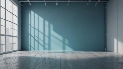 Fototapeta premium Light blue minimalistic background for product presentation with beautiful light and shadow on the wall and floor.