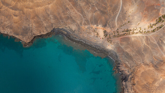 Aerial view of el puertito beach with palm trees and a coastal road, Fuerteventura Island, Canary Islands, Spain.