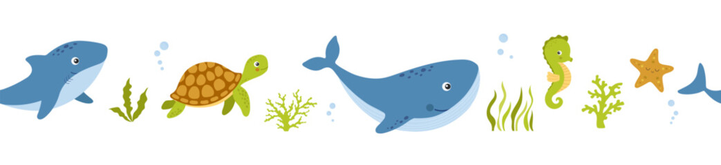Seamless border with sea animals whale, turtle, shark on white background, underwater life, vector illustrations. Nautical repeating design for nursery