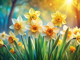 Fototapeta premium Daffodils Spring Watercolor Botanical Garden Sketch