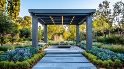 Obraz premium Modern outdoor pergola with landscaped patio. Spacious, contemporary, and tranquil retreat area, featuring a covered patio with a dark gray pergola, low-maintenance drought-top