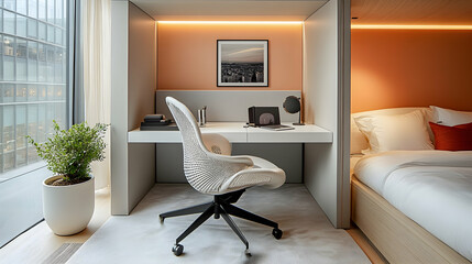 Modern, private workspace integrated with a bedroom.  Dedicated work area with comfortable chair, desk, and natural light