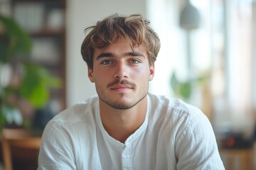 Fototapeta premium a young man with light brown hair wearing a white shirt staring at the camera.