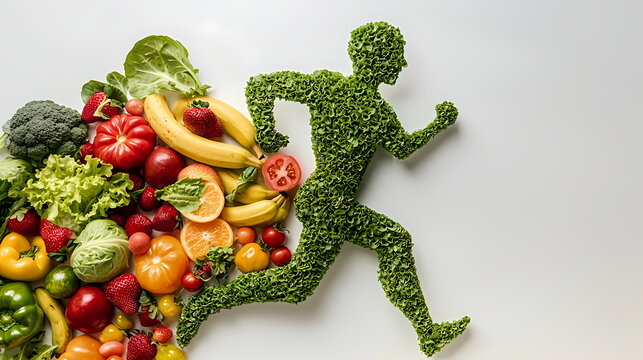 Running green athlete made of lettuce leaves and fresh fruits and vegetables
