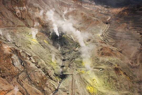 View landscape Owakudani mountain crater created during the last eruption and Sulfur vapors and warm rivers of Mount Hakone for japanese people travelers travel visit at Hakoneyama in Kanagawa, Japan - Powered by Adobe