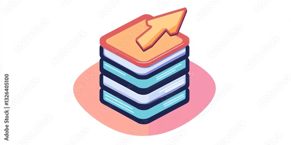 Poster stack of colorful data files with an upward arrow indicating growth or progress in technology and in