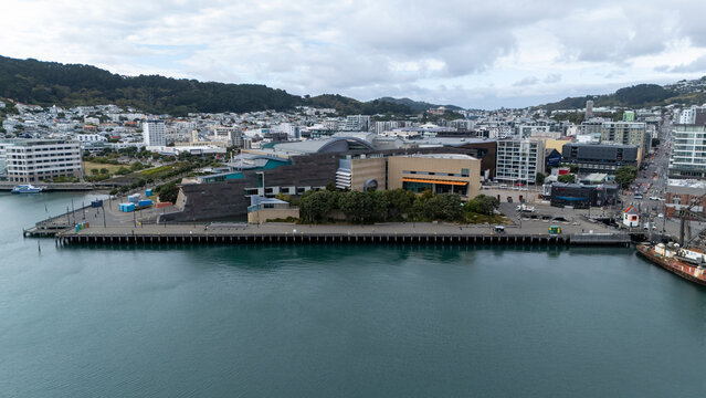 Aerial view of te papa museum and vibrant cityscape along the waterfront, Wellington, New Zealand.