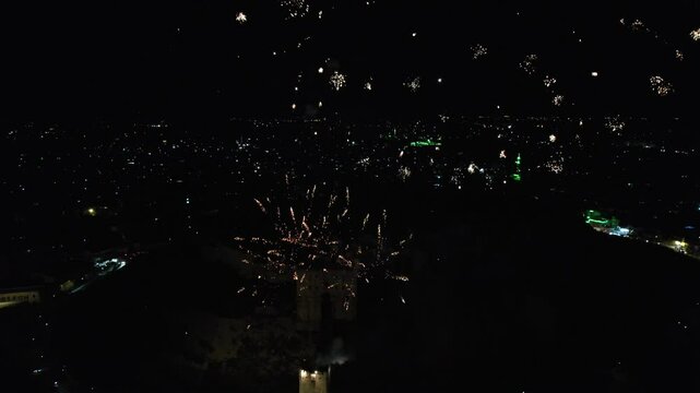 Aleppo Citadel is adorned with fireworks to celebrate the end of the Assad regime and the end of civil war in Syria.