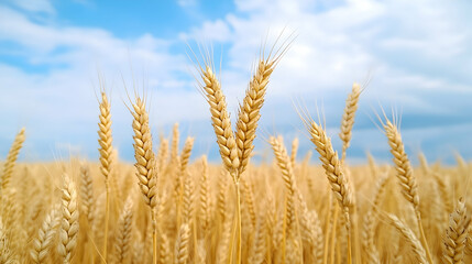 Fototapeta premium Golden wheat field under a partly cloudy sky